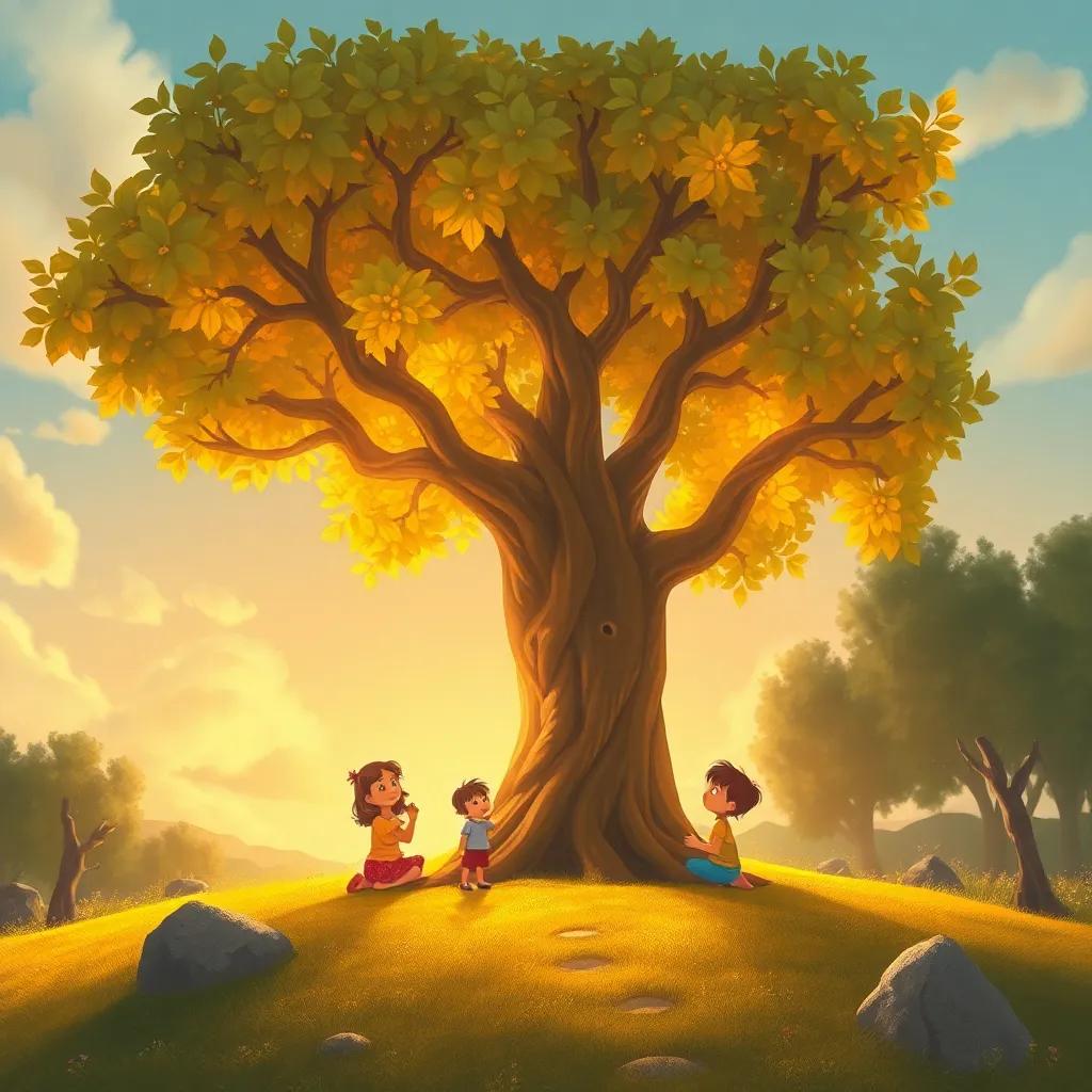 El árbol con niños alrededor, disfrutando de un día cálido, el árbol parecía sonreír con sus hojas brillantes, digital painting, cálido, acogedor, vista panorámica