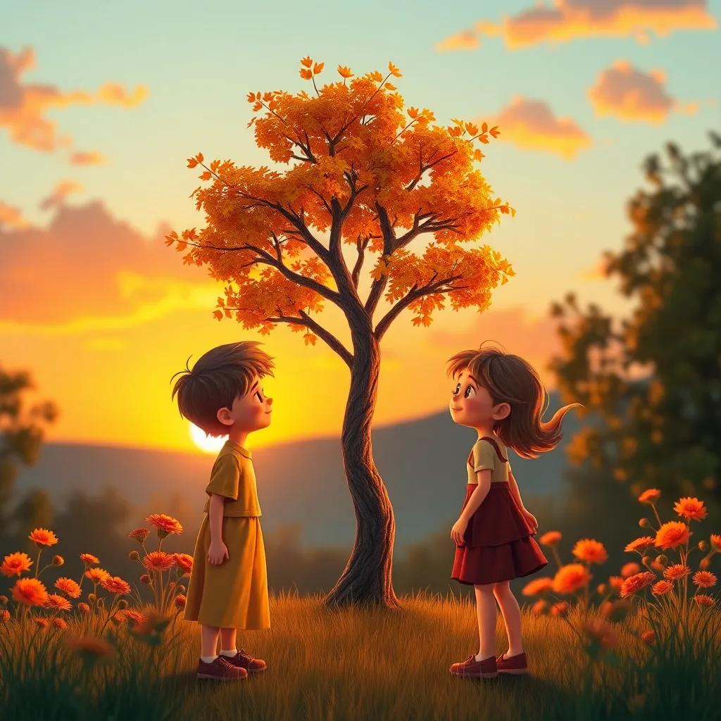 Los niños y el árbol en el atardecer, llenos de colores dorados y naranjas, con el árbol y los niños juntos, mostrando amistad, arte emocionante, cálido y emocional, enfoque suave
