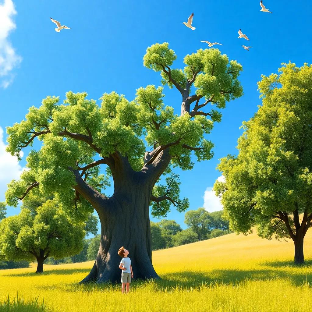 A tall and strong tree named Tilo, with green leaves and a sturdy trunk, standing in a sunny meadow, looking up at flying birds in a bright blue sky, digital art, cheerful atmosphere, vibrant colors, high quality
