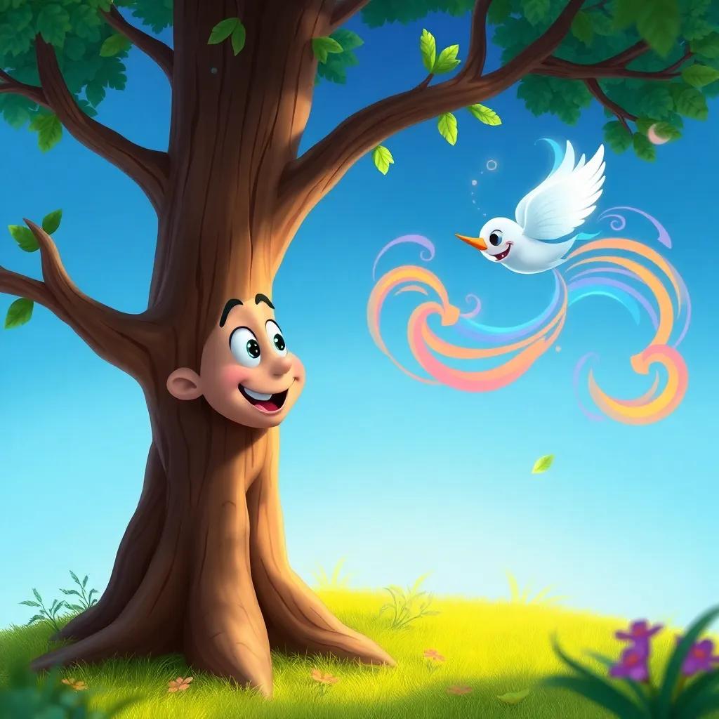 Tilo, the tree, talking to a smiling wind, with colorful swirls around him, surrounded by nature, showing a friendly and magical interaction, illustration, bright and lively, child-friendly