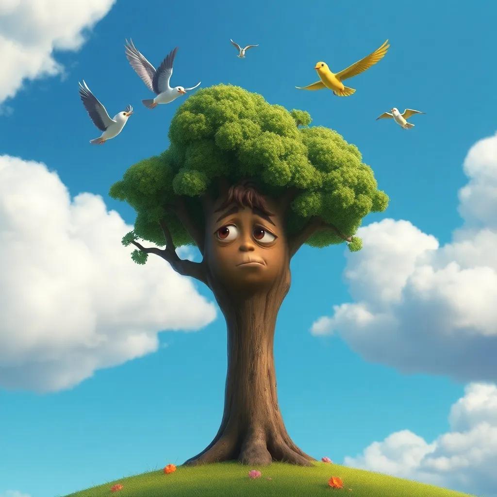 Tilo, the tree, with a sad face, dreaming of flying like the birds, a blue sky with fluffy clouds above, a whimsical setting, digital art, colorful, engaging and lively