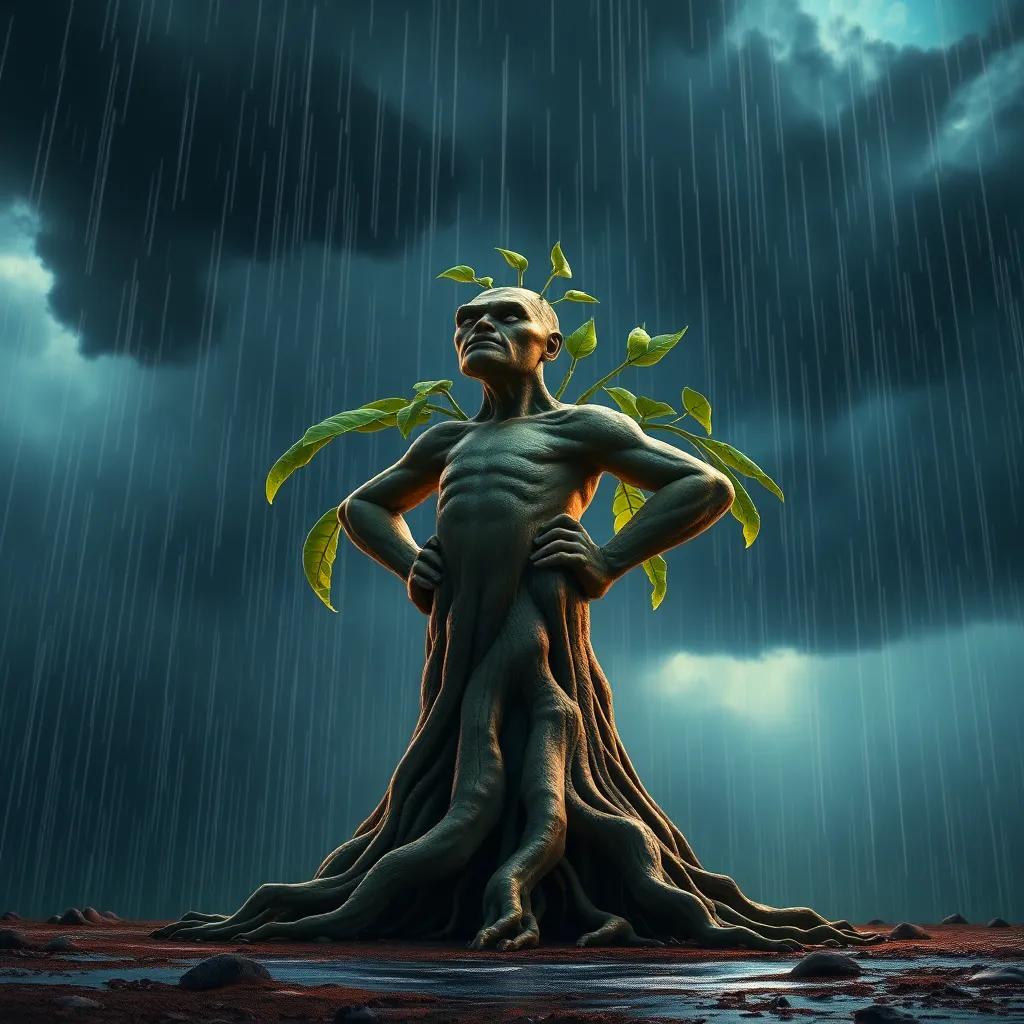 Tilo, standing strong during a storm, with dark clouds above and heavy rain, his roots firmly gripping the ground, showing resilience, dramatic lighting, intense colors, high quality