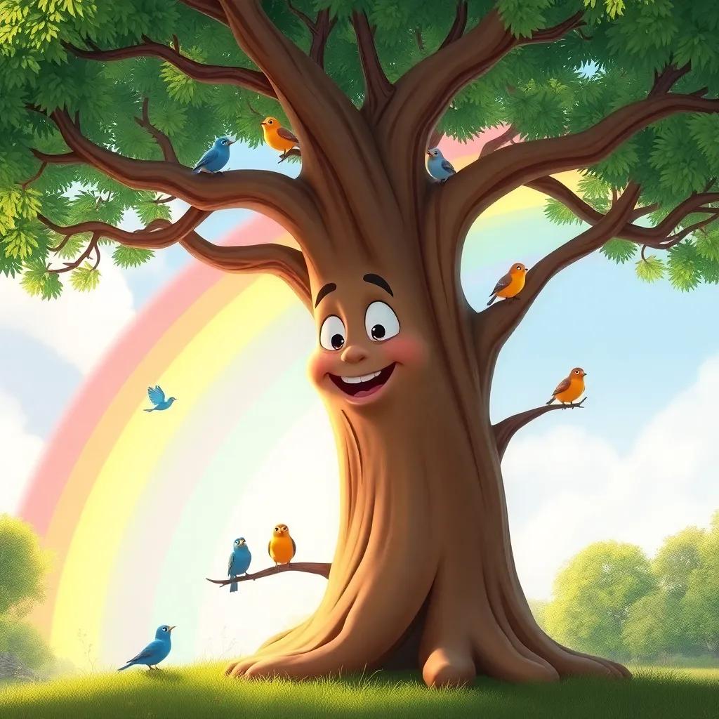 Tilo, a strong tree, surrounded by birds resting on his branches, a rainbow in the background, representing joy and friendship, bright colors, cheerful scene, child-friendly