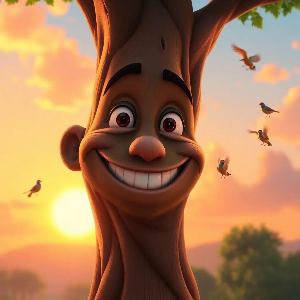 A close-up of Tilo, the tree with a big smile, being appreciated by tiny birds, as the sun sets behind him, warm colors, happy atmosphere, digital painting, uplifting and positive