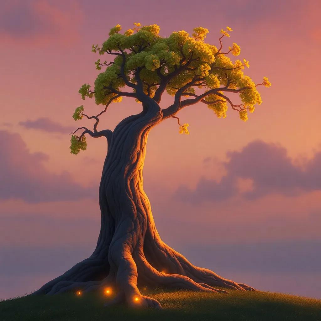 The tree Tilo, swaying gently with the wind, feeling content, glowing in golden evening light, showing peace and fulfillment in his roots, artistic illustration, magical touch