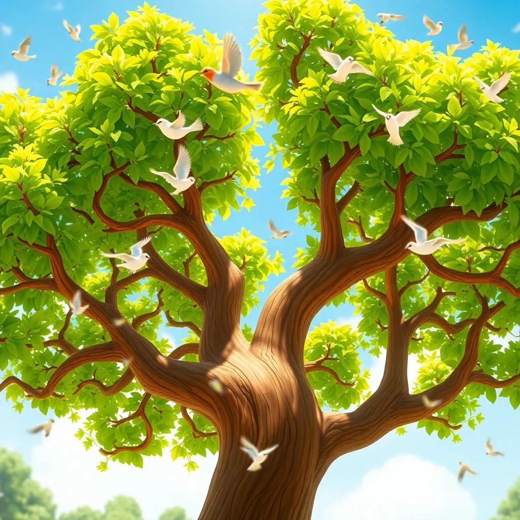 Tilo, the tree, watching birds fly and return, with green leaves dancing in the breeze, a bright and sunny scene, cheerful and vibrant, engaging imagery