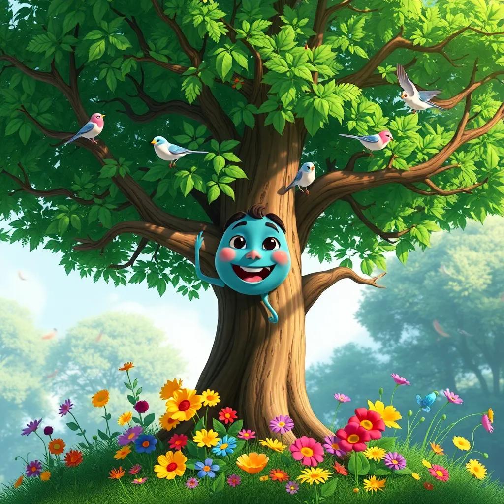 Tilo, the tree, with his branches swaying happily, surrounded by singing birds, colorful flowers at his base, him being important in nature, bright colors, joyful scene, child-friendly