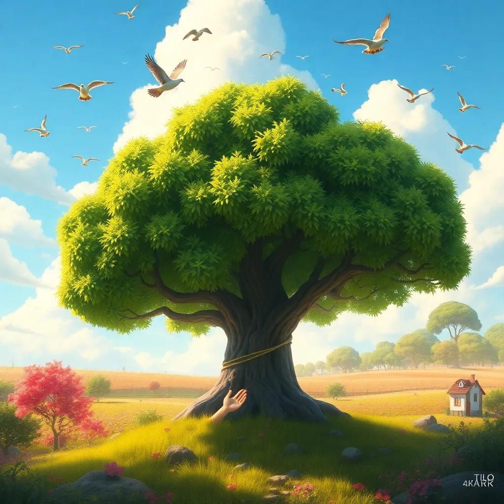 Tilo, the tree, surrounded by nature, enjoying the magic of being a tree with birds in the sky, colorful landscape, bright and inviting atmosphere, digital art, showcasing nature's beauty.