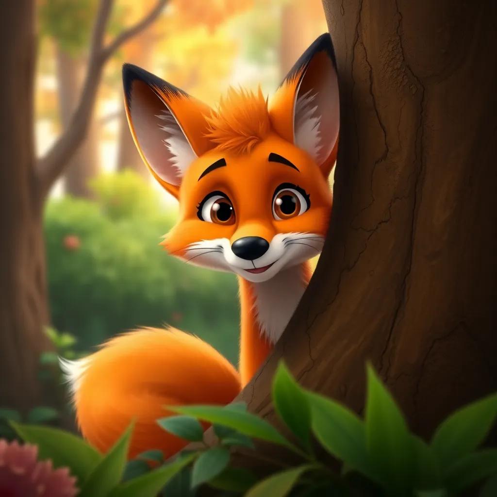 A clever fox named Zuri, with bright orange fur and a bushy tail, peeking from behind a tree with a curious expression, a beautiful lush forest background, digital art, warm colors, inviting atmosphere, high quality