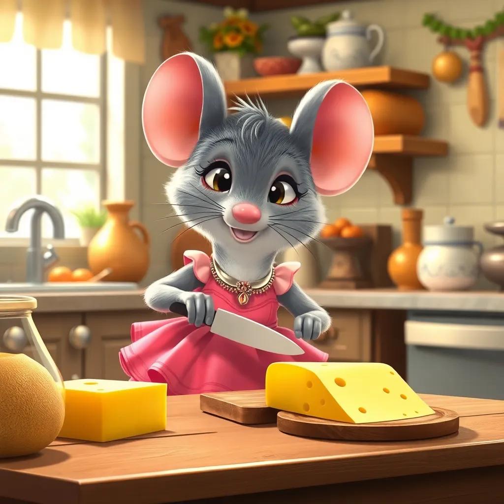 Rita the elegant little mouse, with gray fur and a tiny pink dress, happily slicing a large piece of cheese in her cozy kitchen, surrounded by charming decorations, illustration, cheerful ambiance, child-friendly, high quality