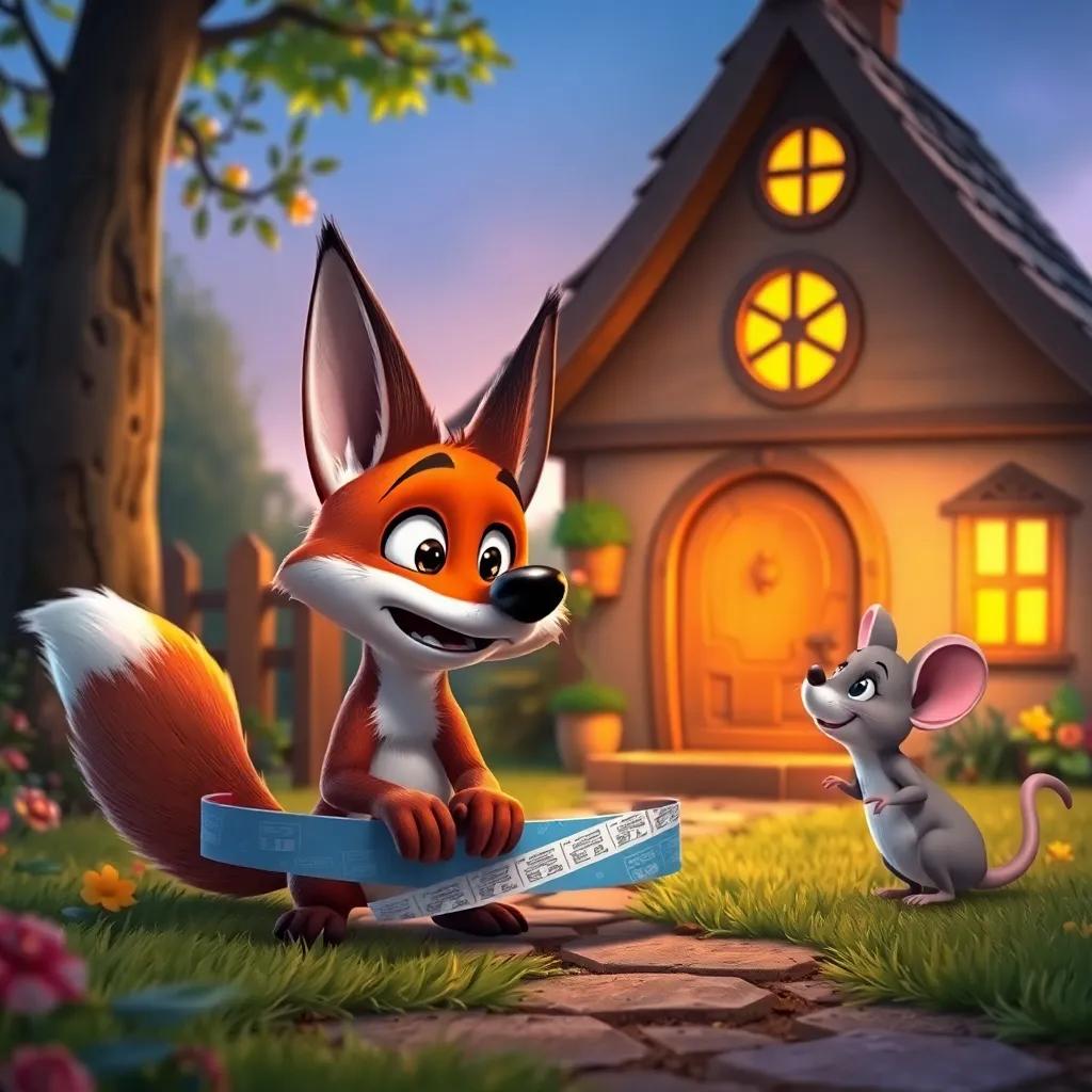 Zuri, the clever fox, caught in a sticky tape trap with a surprised look, while Rita the little mouse watches him with a smile, in front of a charming little house, colorful, warm light, storytelling view, fantasy