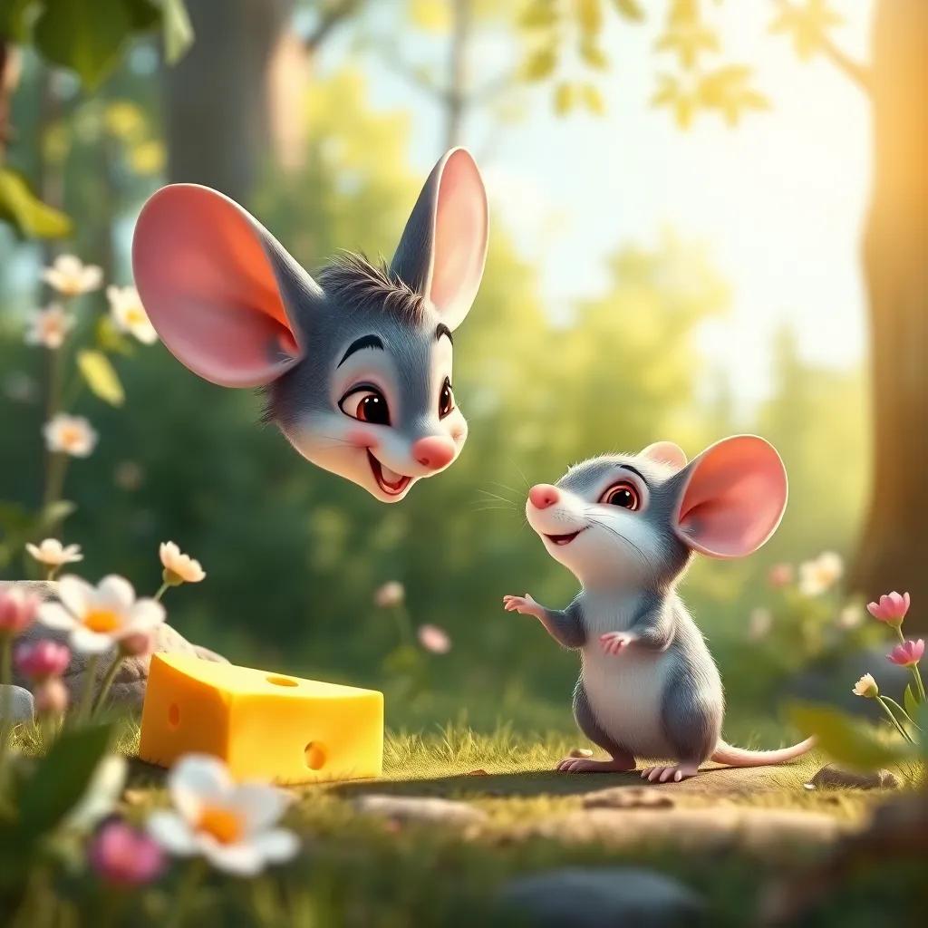 Rita the elegant little mouse smiling warmly at Zuri, offering him a piece of cheese, in a sunny forest clearing with flowers blooming, heartwarming scene, bright and cheerful colors, uplifting imagery