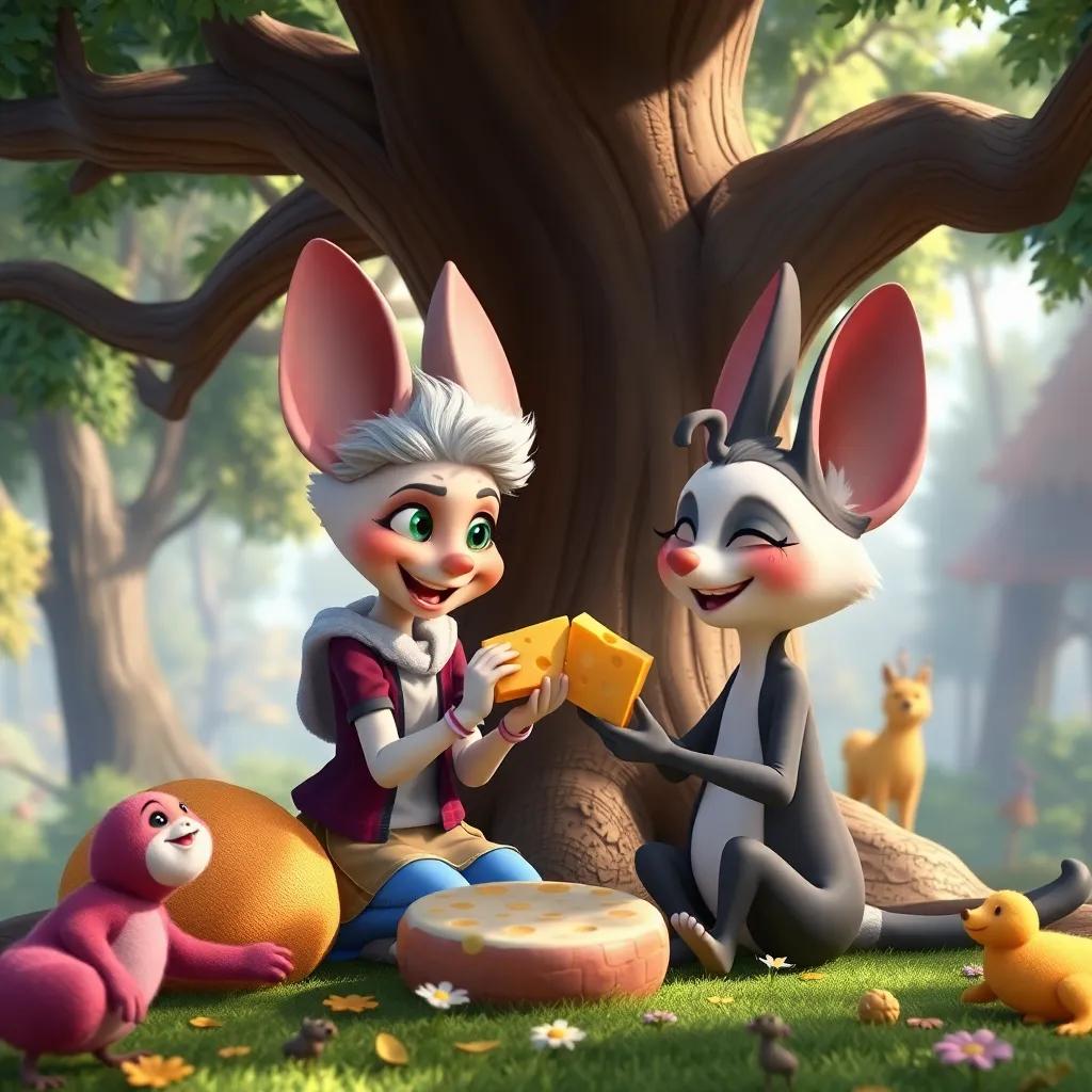 Zuri and Rita, now friends, sharing cheese happily together under a big tree, surrounded by forest friends and laughter, vibrant colors, playful atmosphere, high quality