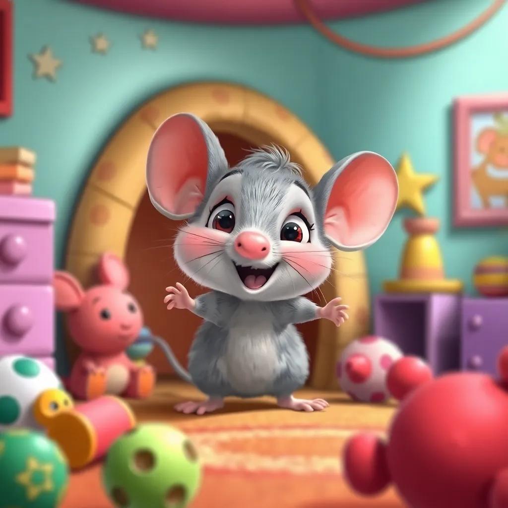A small mouse named Ratico with gray fur and big ears, looking excited as he leaves his hole in a cozy, colorful room with toys, illustration, cheerful, vibrant colors, high quality