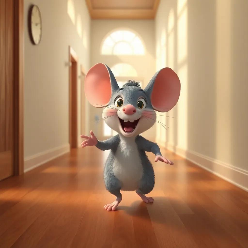 Ratico the mouse bravely walking down a long hallway with wooden floors, feeling excited, sunlight shining through the windows, friendly atmosphere, colorful, high quality