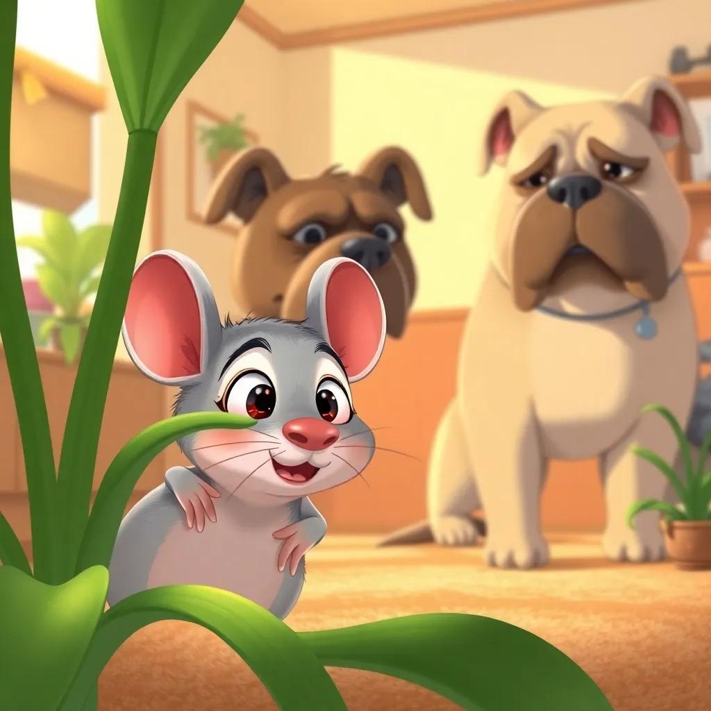 Ratico hiding behind a green plant, looking scared, with a large, grumpy dog in the background, a warm home setting with light colors, illustration, detailed, cheerful