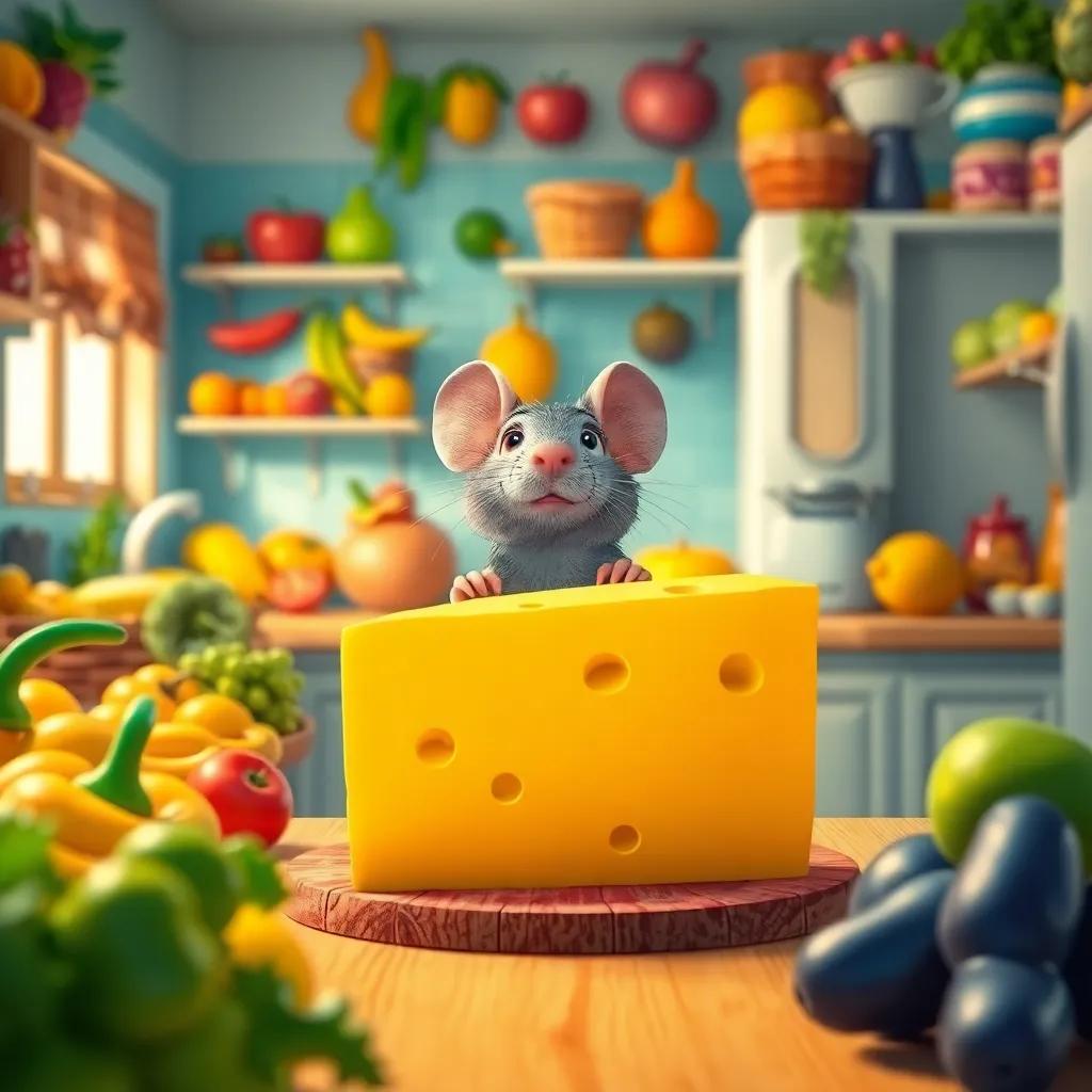 Ratico arriving at a bright kitchen filled with colorful fruits and vegetables, eyes wide in awe at the sight of a giant piece of cheese on the table, digital art, vibrant colors, inviting atmosphere