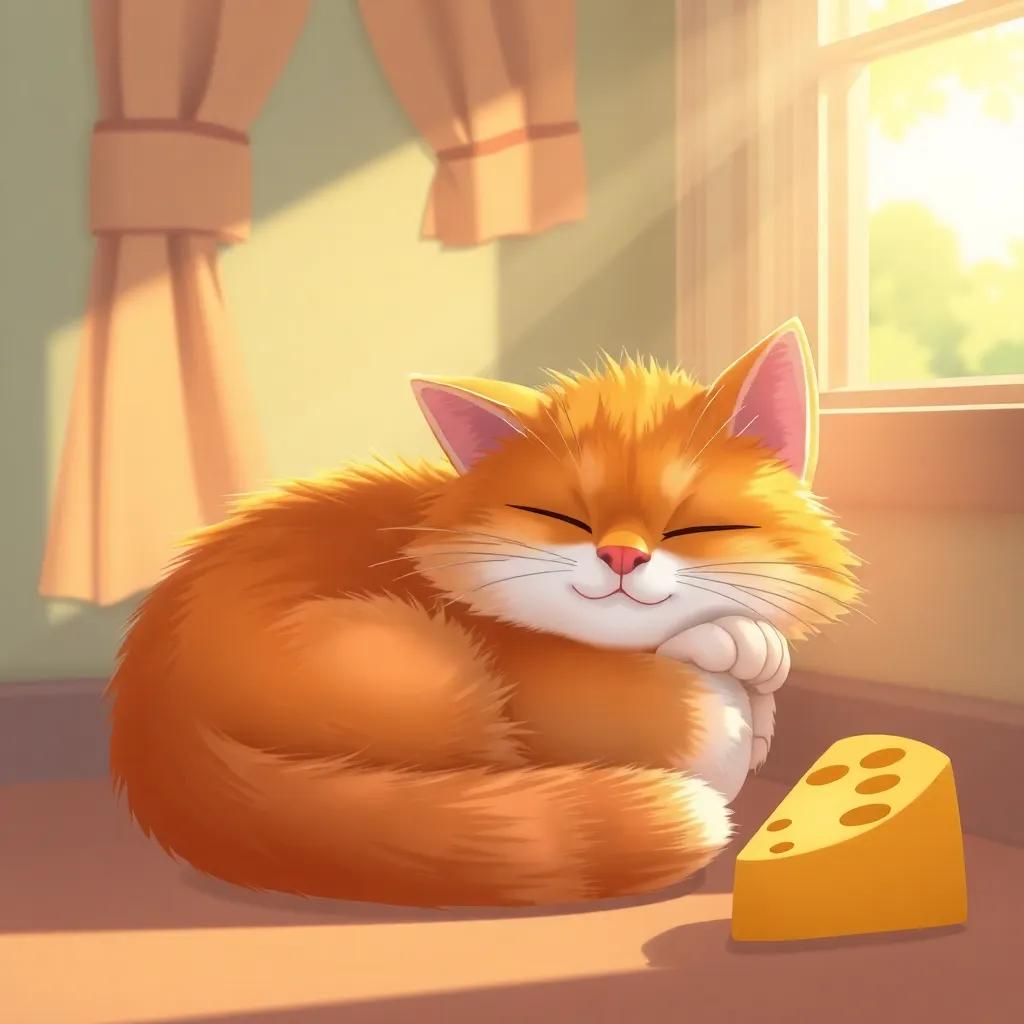 A sleepy cat, fluffy and orange, curled up near the cheese with a peaceful setting, sunlight streaming through the window, soft light, charming illustration, vibrant
