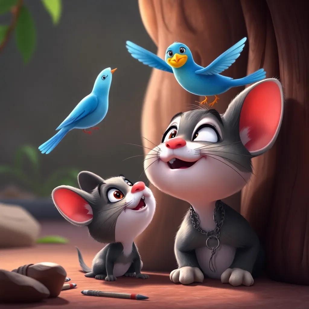 Ratico hiding and smiling, looking up at his friend Pío, a vibrant blue bird flying around the cat, fun atmosphere, cartoon style, colorful