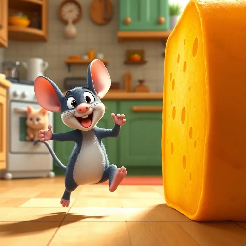 Ratico running joyfully towards the giant cheese, his little feet moving quickly, with the distracted cat in the background, bright and colorful kitchen, digital art, whimsical