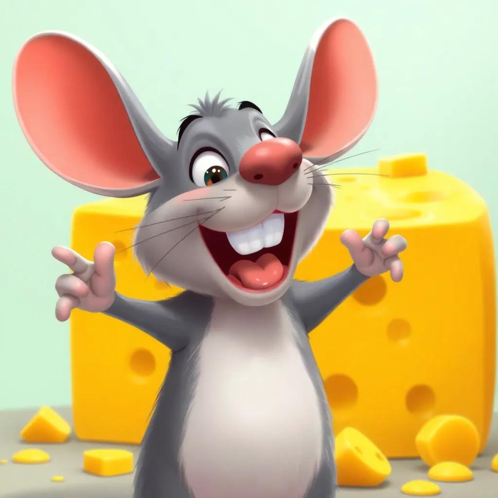Ratico taking a big bite of the cheese with delight, feeling proud and brave in front of the enormous piece of cheese, fun illustration, colorful, high quality