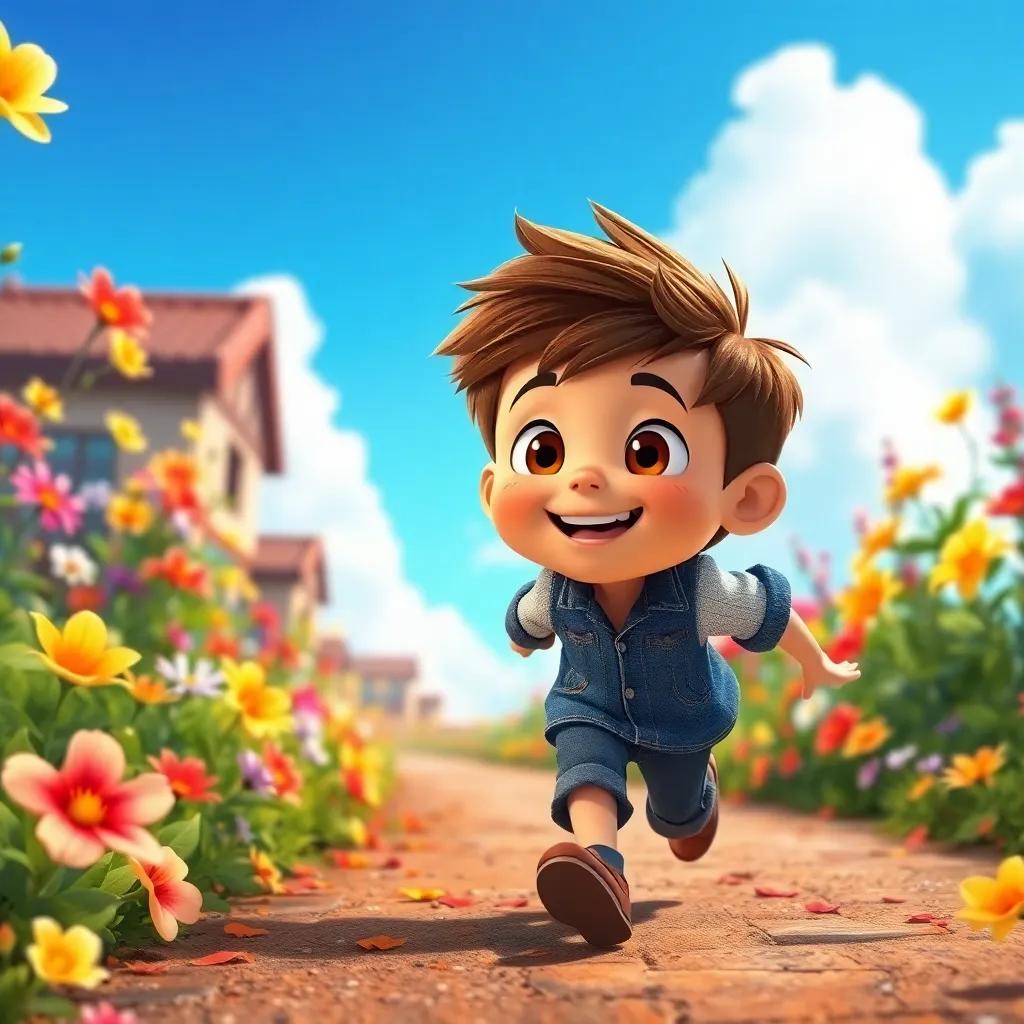 Manuel, un niño con cabello castaño y ojos grandes, corre felizmente por un camino floral, flores brillantes de colores y un cielo azul, bajo un suave viento que sopla, digital art, cheerful atmosphere, vibrant colors, high quality