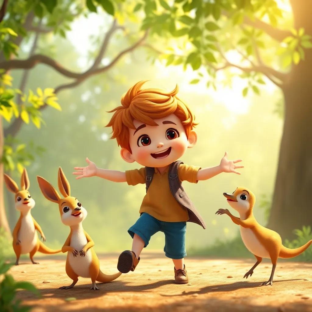 Manuel, un niño con cabello castaño y ojos grandes, bailando con conejos y pájaros en un claro del bosque, lleno de alegría y sonrisas, árboles verdes alrededor, digital art, playful mood, warm lighting, high quality