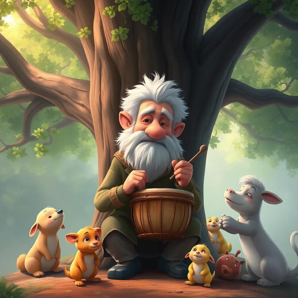 Un anciano con barba blanca, tocando un tambor de madera bajo un gran árbol, rodeado de animales felices y Manuel, todos escuchando la música, digital painting, magical atmosphere, soft colors, heartwarming scene, high quality