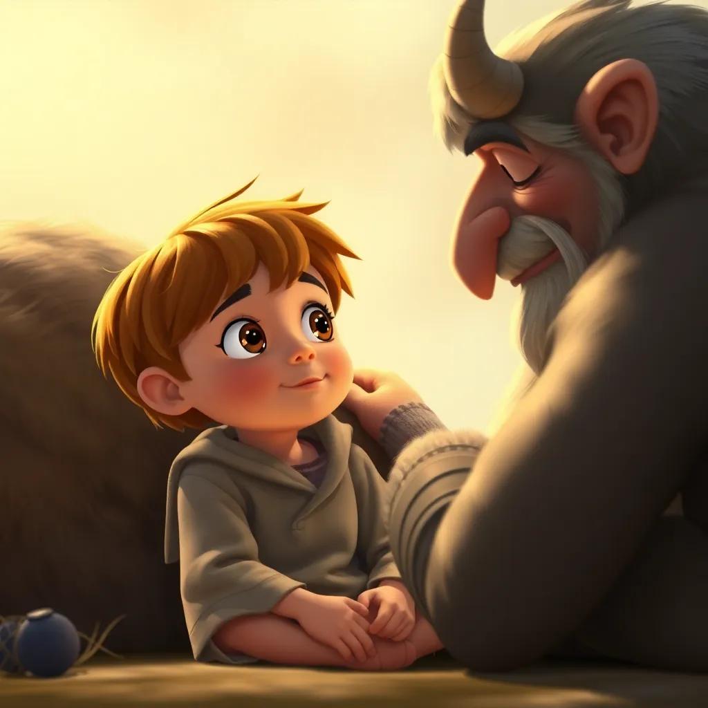 Manuel, un niño con cabello castaño y ojos grandes, sentado junto al anciano, escuchando el tambor en el viento, visiblemente emocionado, magia en el aire, digital art, cozy feeling, warm colors, high quality