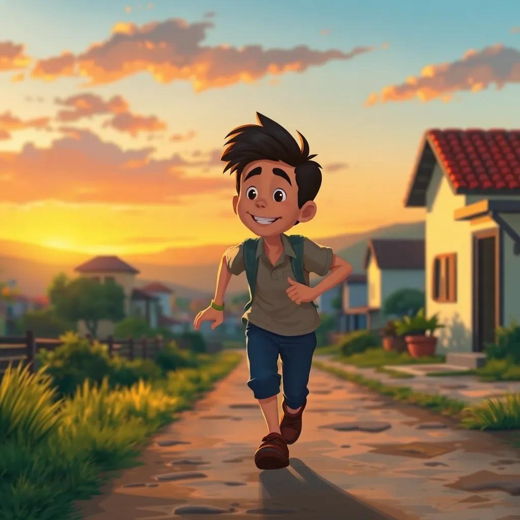 Manuel, corriendo hacia su casa al atardecer, con una sonrisa en su rostro, mientras el viento sopla suave, con un fondo de un pueblo tranquilo, digital painting, heartwarming scene, sunset colors, high quality