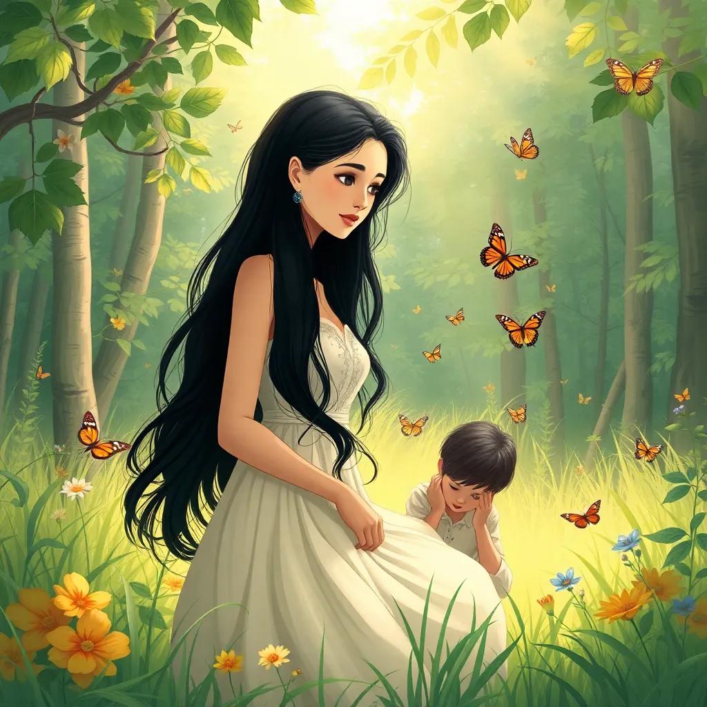 A serene clearing in the forest, with Alo, a gentle woman with long black hair, wearing a flowing dress, watching her son Kaleb admiring the butterflies, soft sunlight filtering through leaves, peaceful ambiance, illustration, cheerful and colorful