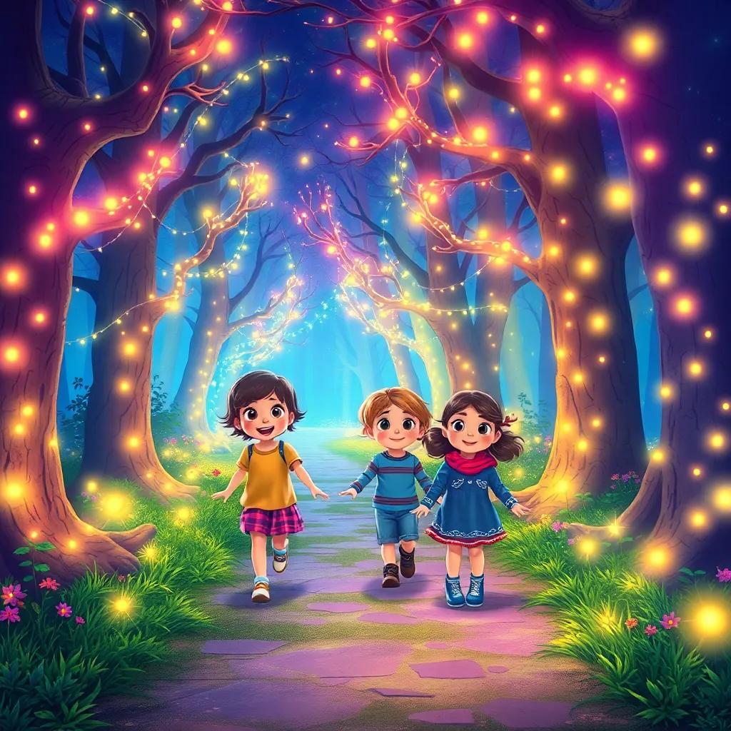 Children walking down a magical forest path, surrounded by glowing trees and twinkling lights, wonder-filled expressions, colorful artwork, enchanting ambiance, high quality