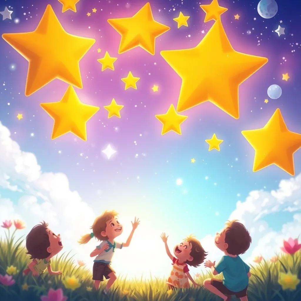 Stars coming down from the sky and playing with children in a bright clear, joyful environment with laughter, heartwarming scene, detailed digital art, vibrant colors