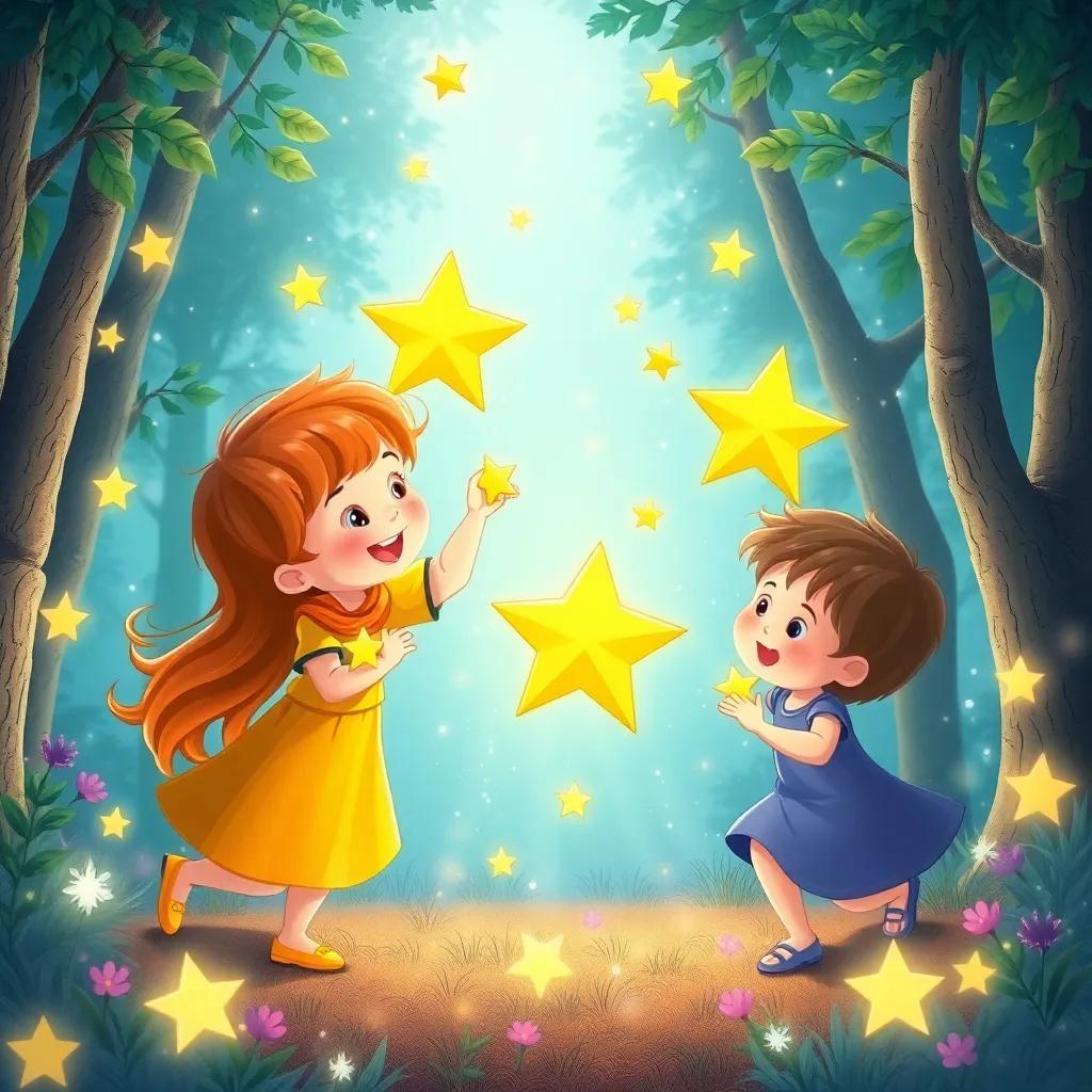 Children and stars playing together in a sparkling forest, with bright colors and joyful movements, magical glow surrounding them, cheerful illustration, high quality