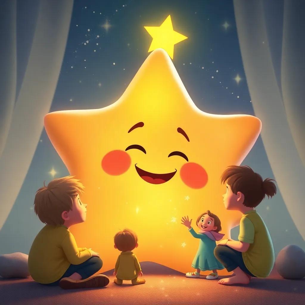 A big shining star talking to children, with a bright smile and sparkling dust, cozy atmosphere, soft colors, fantasy art, heartwarming