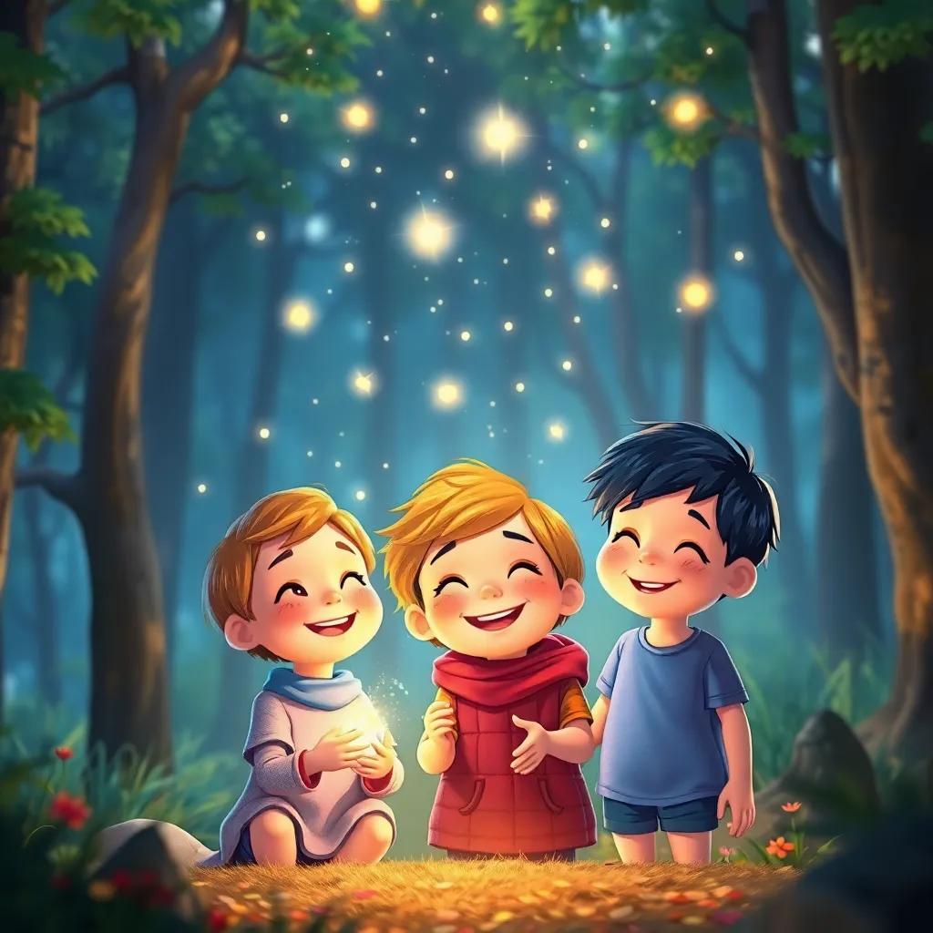 Children receiving stardust from stars, glowing particles floating around them, warm smiles and joy, magical forest scene, vibrant colors, enchanting quality