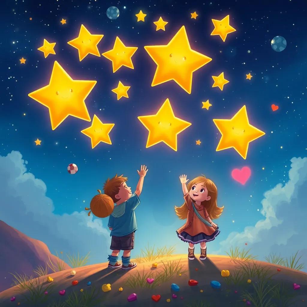 Stars flying up to the night sky with children waving goodbye, hearts filled with joy, colorful treasures left behind, heartwarming scene, detailed digital painting