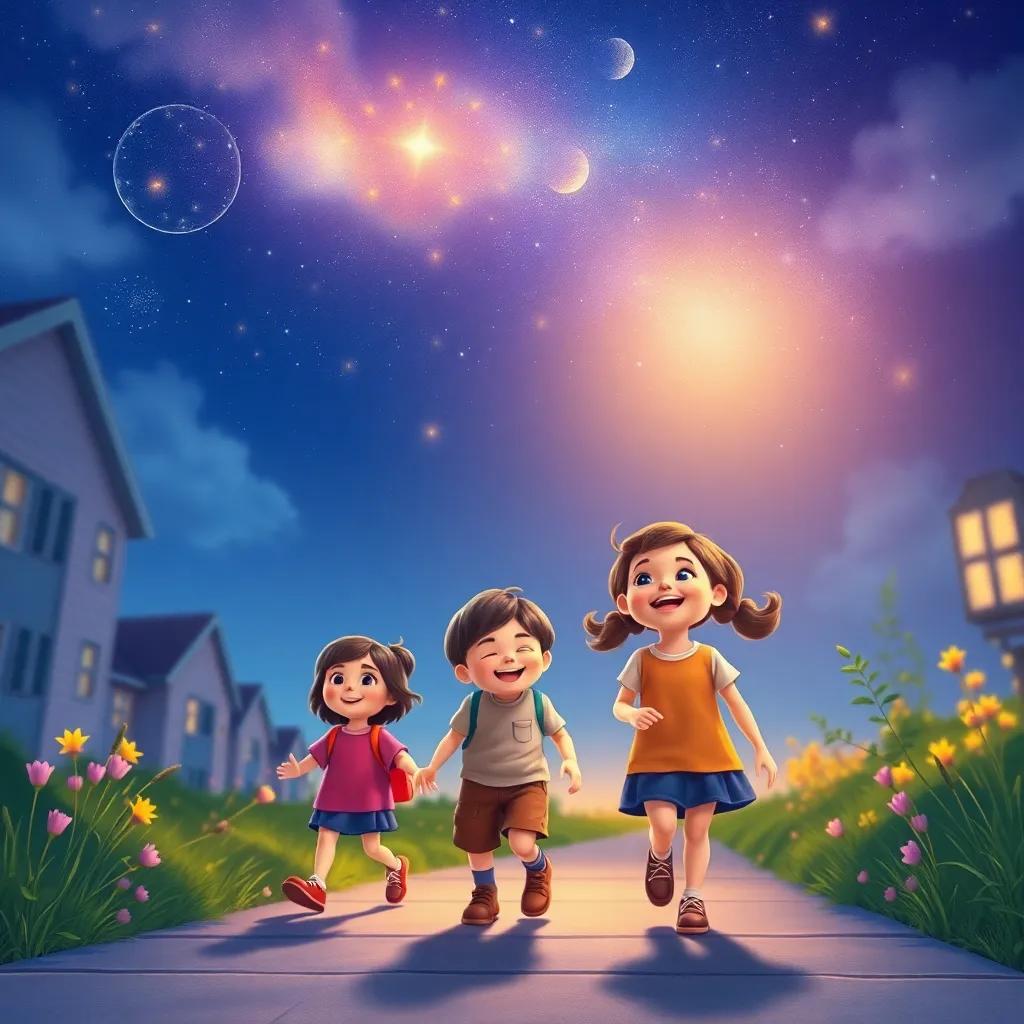 Children walking home under the night sky, friendly glow from the stars above, laughter echoing, enchanting colors, warm and inviting atmosphere, high quality