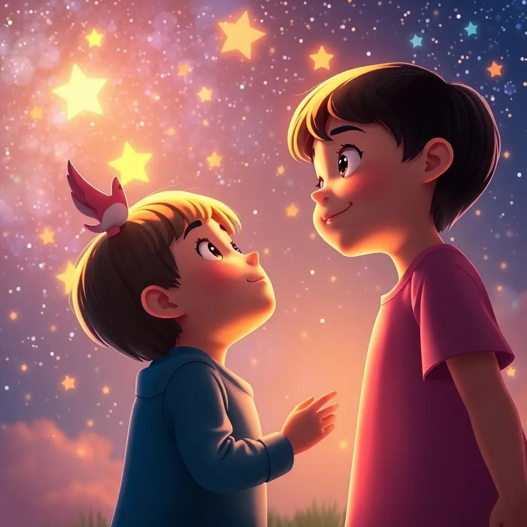 Children looking up at the sky, feeling connected to their star friends, magical ambiance, warm hearted scene, vibrant colors, nostalgic quality