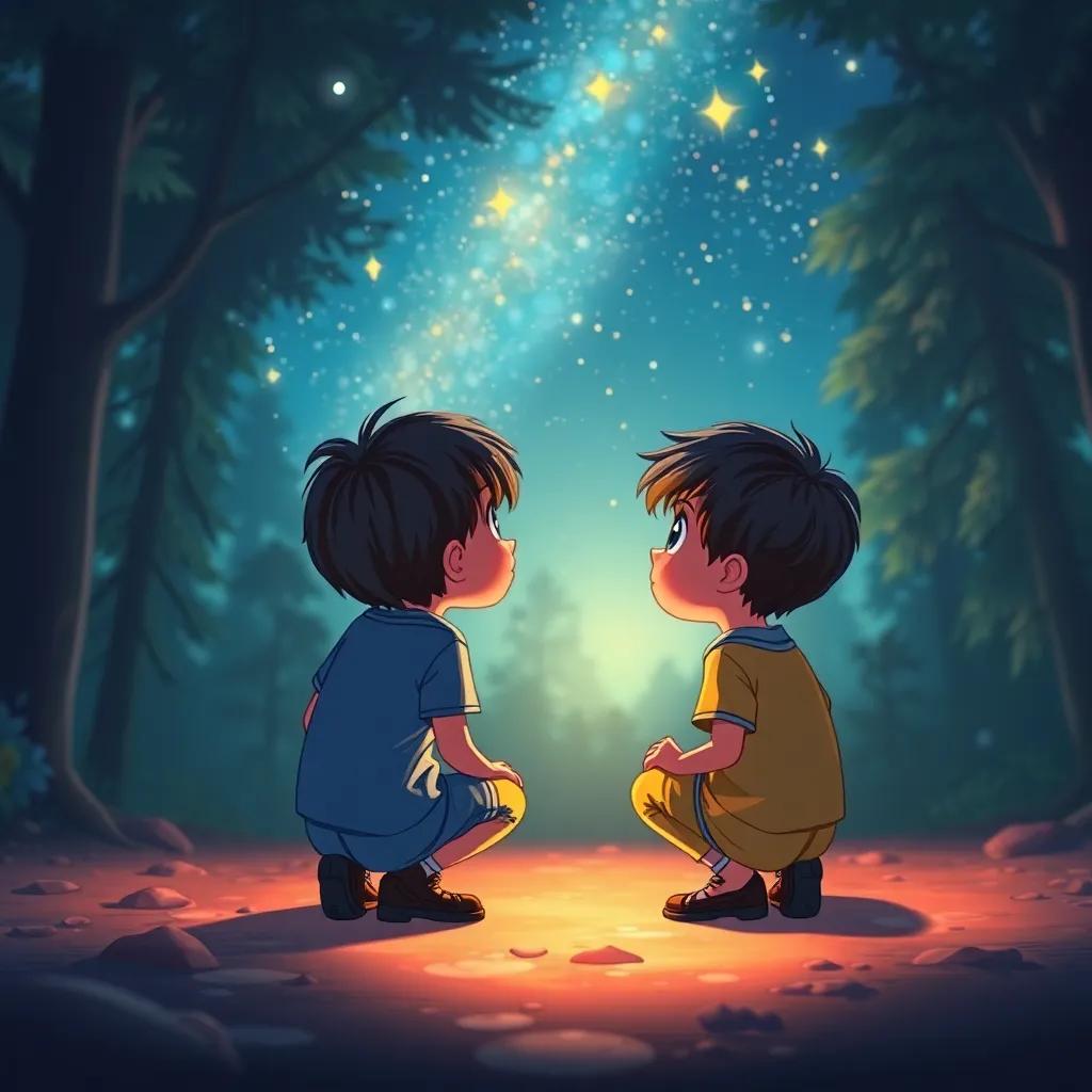 Children growing up, looking at the stars and remembering their adventure in the forest, heartwarming reflections, soft light, dreamlike quality