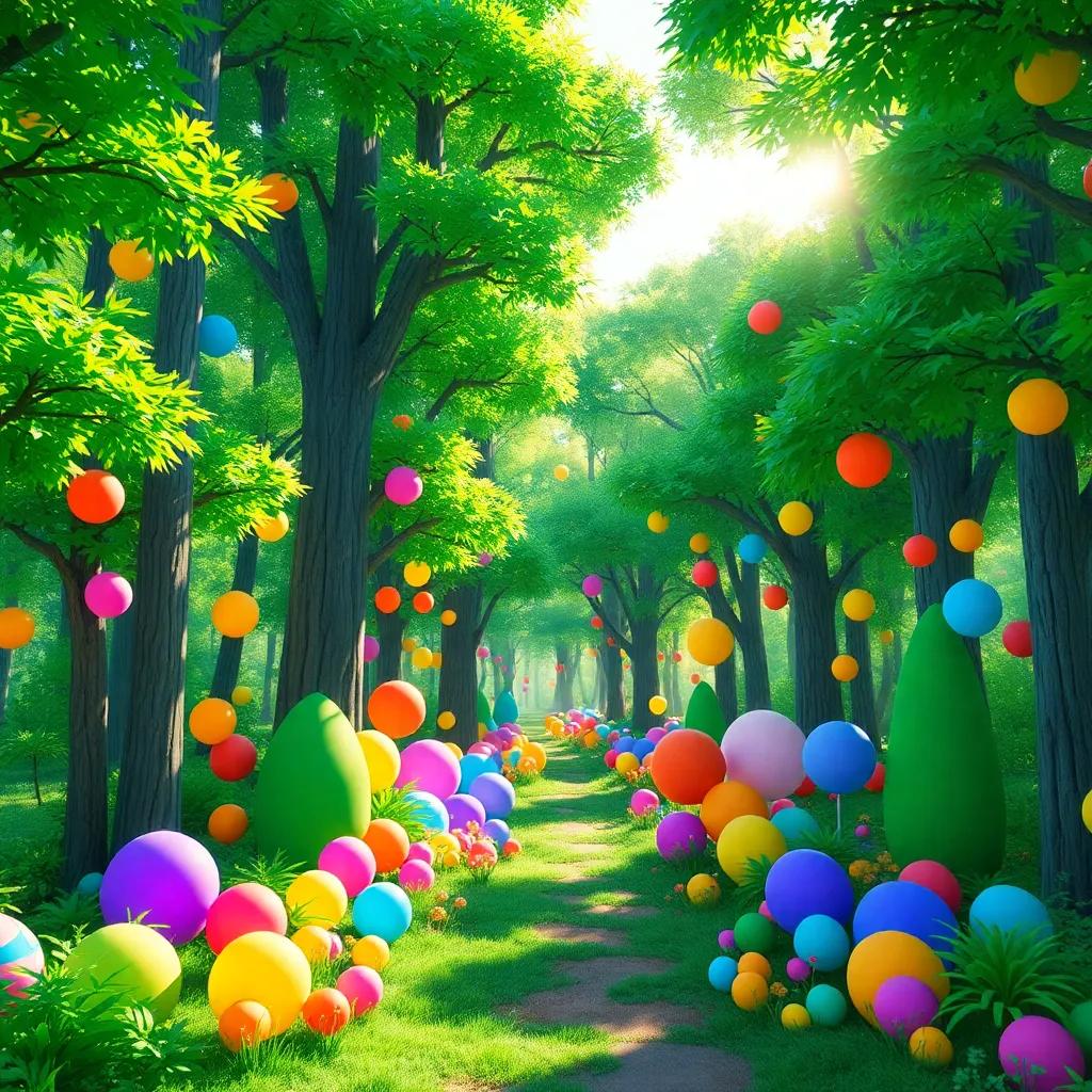 A magical forest filled with colorful shapes of all sizes, vibrant green trees, sunlight shining through the leaves, a sense of joy and life, digital art, bright colors, whimsical atmosphere, welcoming perspective, high quality