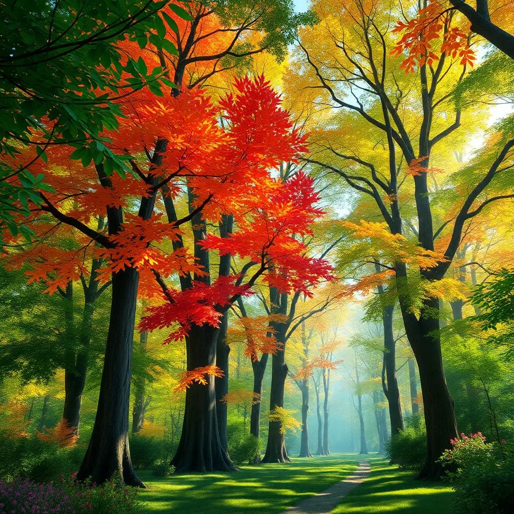Un hermoso bosque mágico lleno de árboles altos y coloridos, con sombras alegres danzando entre las hojas, digital art, vibrantes colores, luminoso, perspectiva amplia, alta calidad