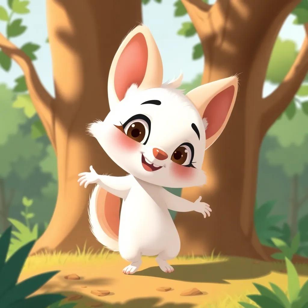 Benji, un pequeño conejo blanco con orejas largas, saltando curiosamente entre los árboles, mientras las sombras juegan a su alrededor, digital illustration, alegre, infantil, detallado