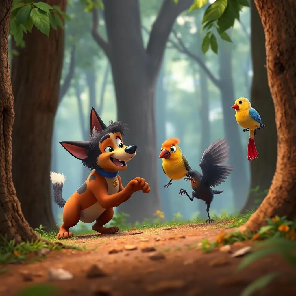 Benji jugando al escondite con Zuri, el zorro astuto, y Lila, el pajarito colorido, todos riendo y compartiendo un buen momento en el bosque, warm colors, divertido, perspectiva cercana