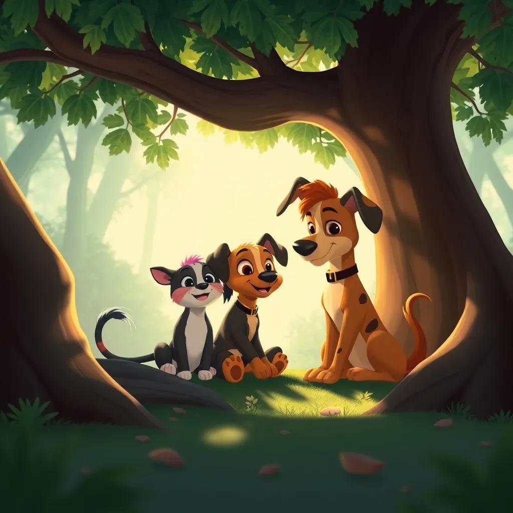 Los animales del bosque, incluyendo a Benji, Zuri y Lila, sentados juntos bajo un árbol, con sombras que juegan a su alrededor, creado un ambiente de amistad y alegría, illustration, cálido, encantador