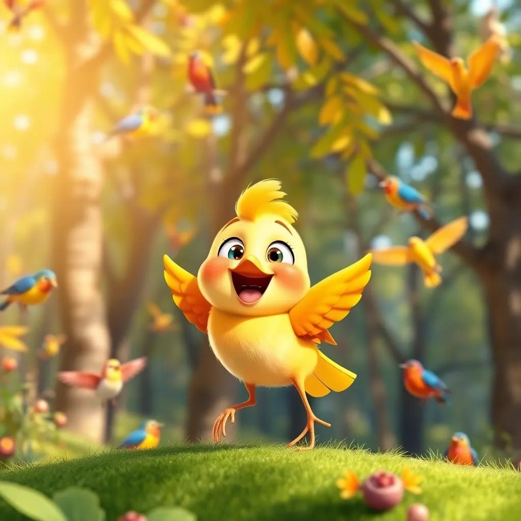 A cheerful little bird singing happily in a sunny forest, colorful birds fluttering around, trees with vibrant leaves, playful and lively, colorful, friendly smile