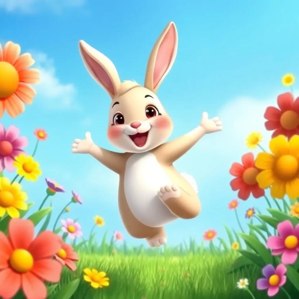 A cute rabbit jumping joyfully among colorful flowers, a backdrop of green grass and bright blue sky, energetic and charming, illustration, colorful and inviting