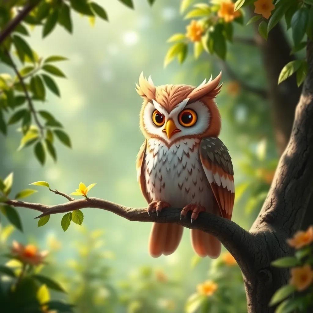 A wise old owl sitting on a branch, surrounded by lush greenery and bright foliage, looking down with a knowing expression, warm and magical, fantasy style, inviting
