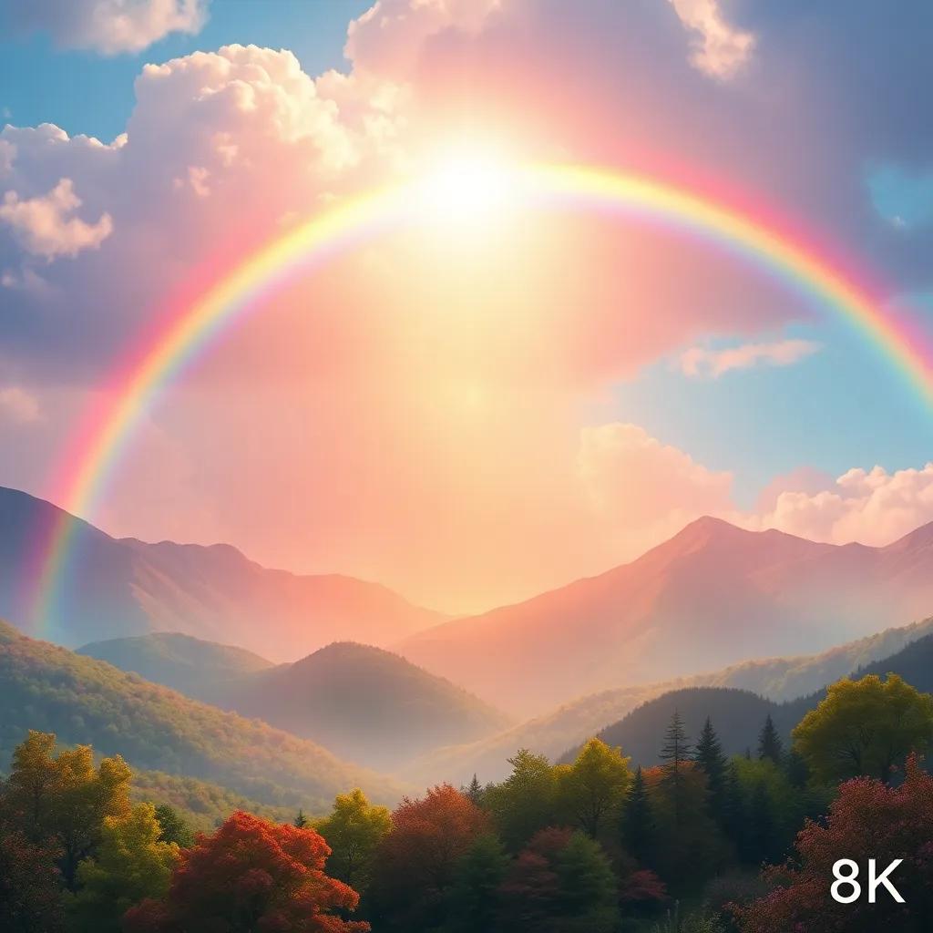 A beautiful rainbow arcing over the mountains, bright and colorful, with a serene landscape below, featuring trees and flowers, vibrant colors, warmth, enchanting scene