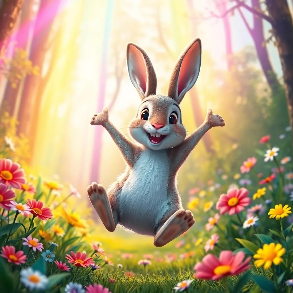 A close up of the rabbit jumping excitedly in the forest, surrounded by vivid flowers and magical colors flowing down from the rainbow, energetic, colorful, whimsical, charming